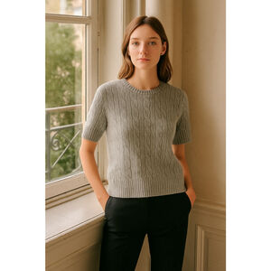 Lucky Brand GreyCable Knit Short Sleeve Sweater Medium Soft Recycled Yarn Prepp